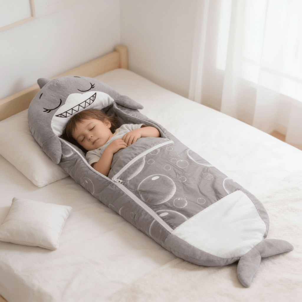 Kids sleeping bag featuring a soft animal design with a 2-in-1 pillow function, perfect for sleepovers and travel. 5