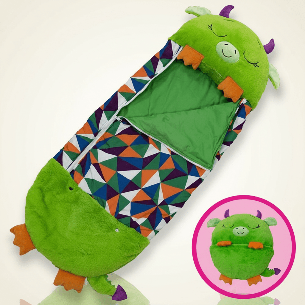 Kids sleeping bag featuring a soft animal design with a 2-in-1 pillow function, perfect for sleepovers and travel. 7