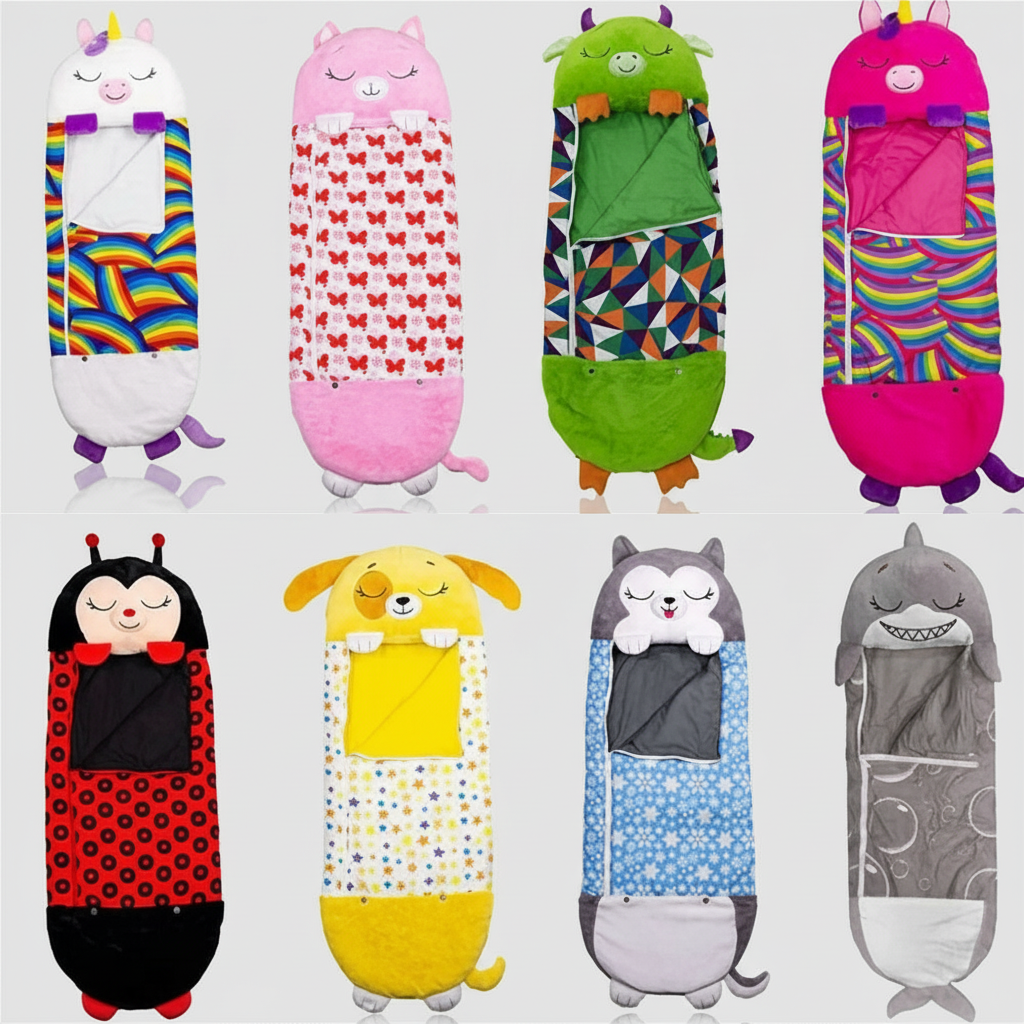 Kids sleeping bag featuring a soft animal design with a 2-in-1 pillow function, perfect for sleepovers and travel. 3