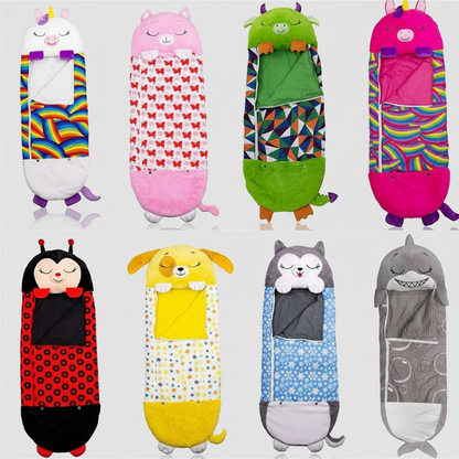 Kids sleeping bag featuring a soft animal design with a 2-in-1 pillow function, perfect for sleepovers and travel. 3