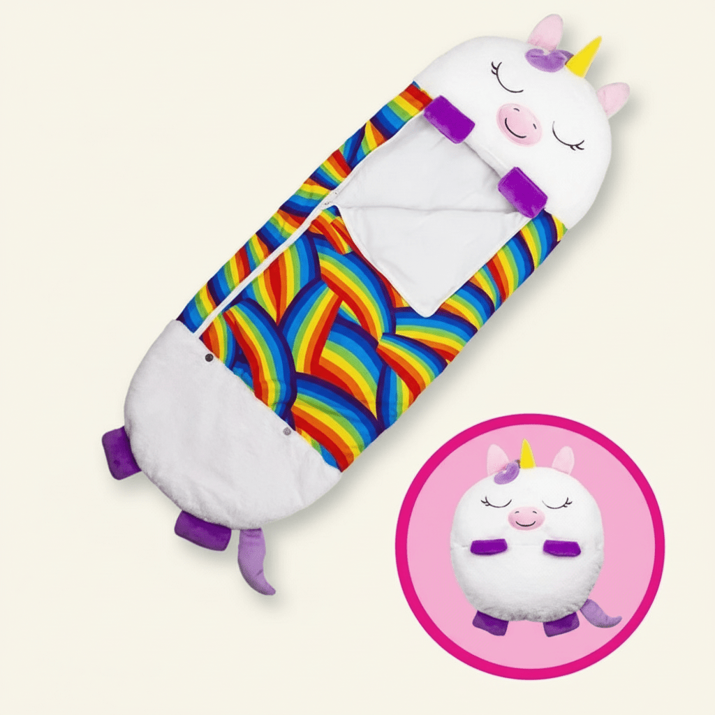 Kids sleeping bag featuring a soft animal design with a 2-in-1 pillow function, perfect for sleepovers and travel. 4