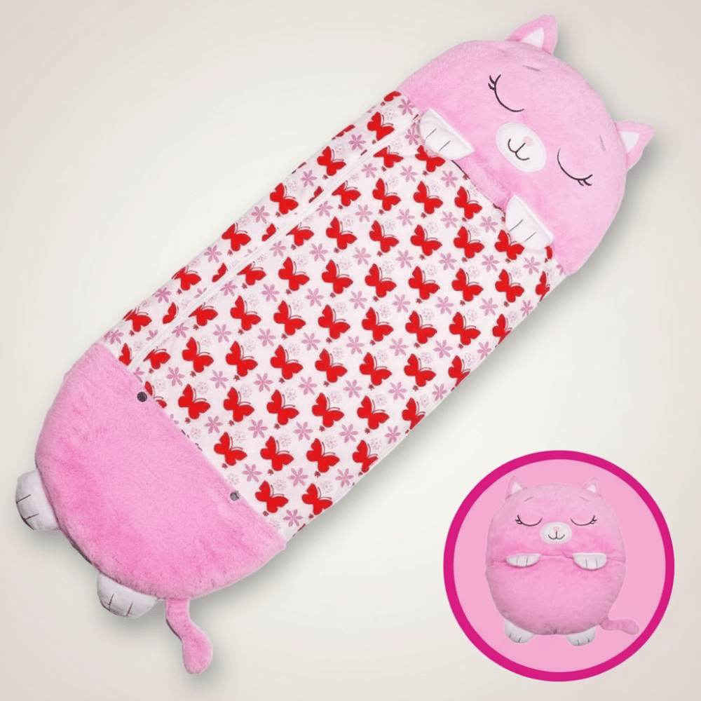 Kids sleeping bag with animal hood, lightweight and foldable, perfect for sleepovers, featuring a soft fabric for comfort and fun design. 3