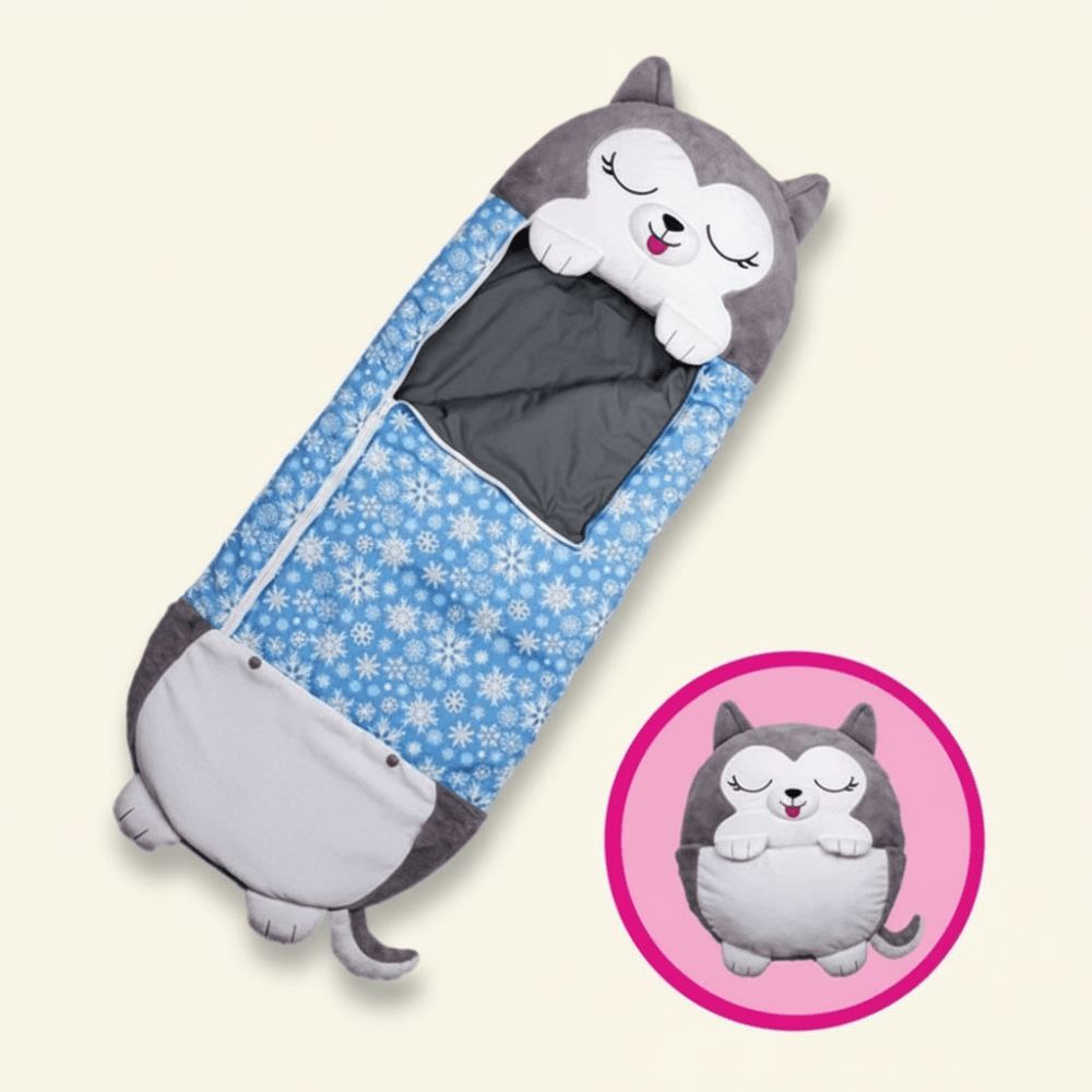 Kids sleeping bag with animal hood, lightweight and foldable, perfect for sleepovers, featuring a soft fabric for comfort and fun design. 1