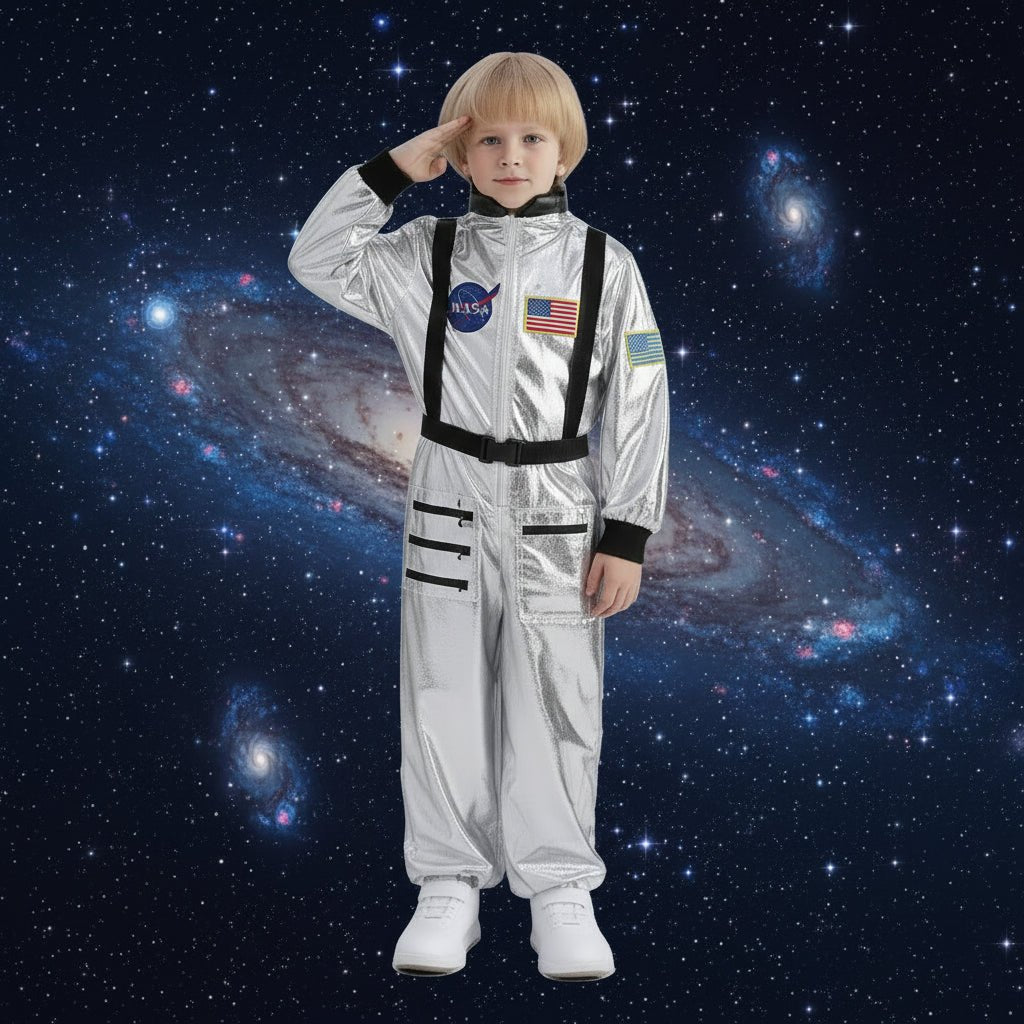 Kids space suit costume jumpsuit in vibrant orange, featuring adjustable sizes for a perfect fit, ideal for Halloween and themed parties. 5