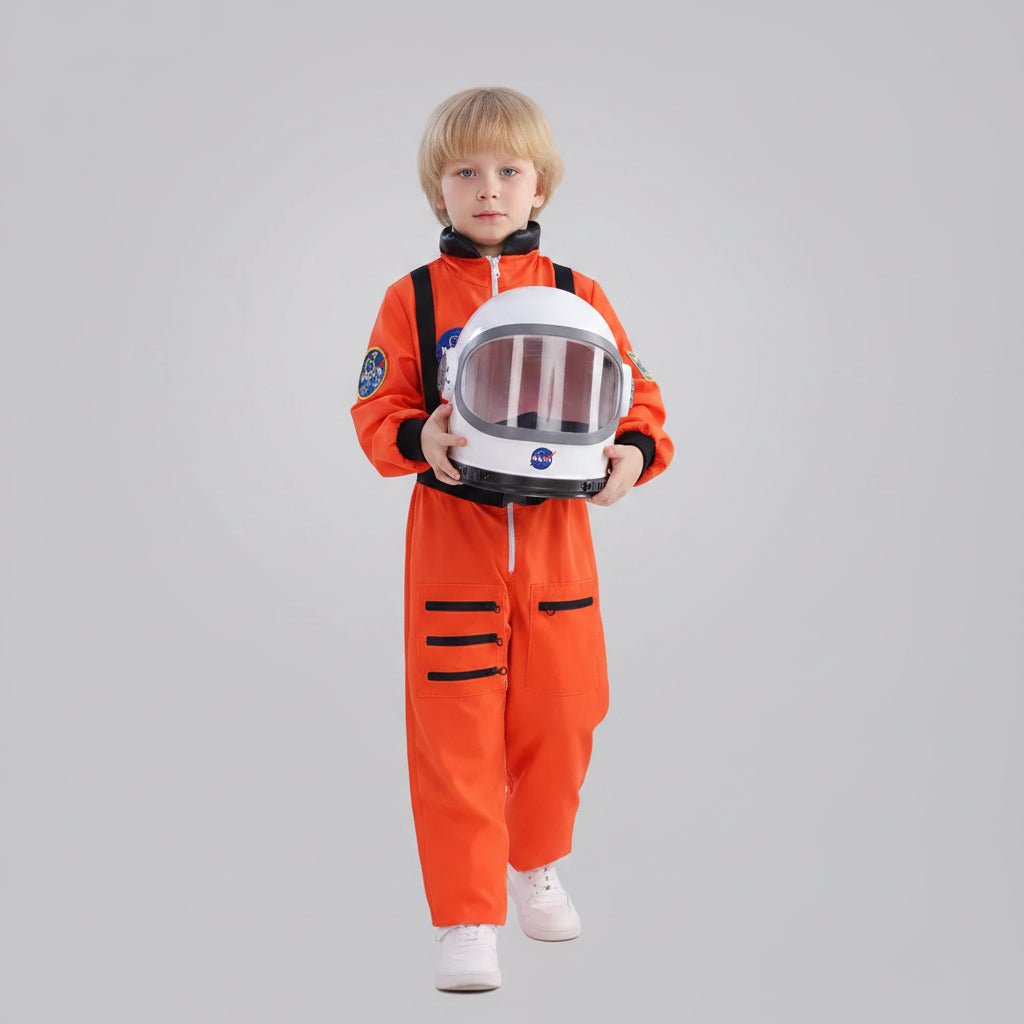 Kids space suit costume jumpsuit in vibrant orange, featuring adjustable sizes for a perfect fit, ideal for Halloween and themed parties. 2