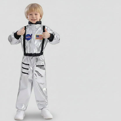 Kids space suit costume jumpsuit in vibrant orange, featuring adjustable sizes for a perfect fit, ideal for Halloween and themed parties. 4