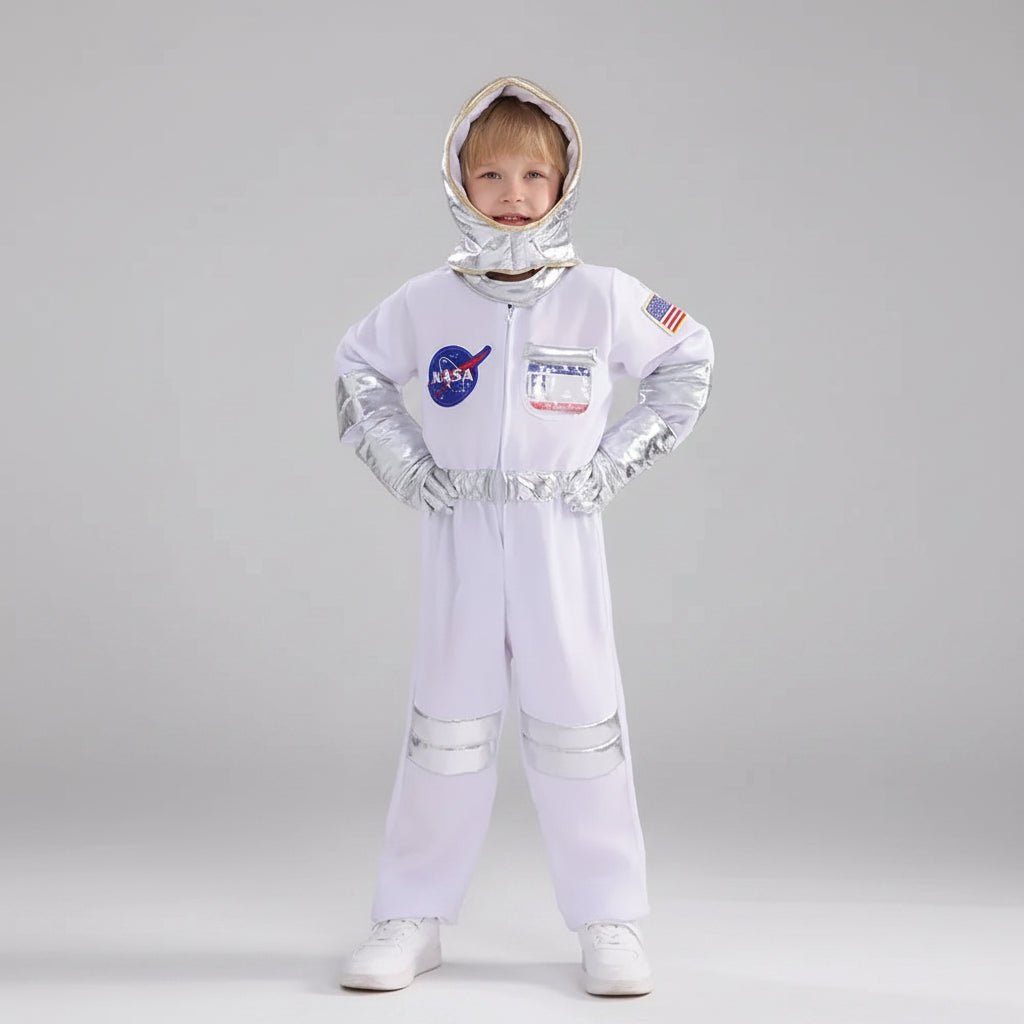Kids space suit costume jumpsuit in vibrant orange, featuring adjustable sizes for a perfect fit, ideal for Halloween and themed parties. 1
