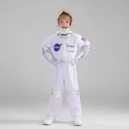 Kids space suit costume jumpsuit in vibrant orange, featuring adjustable sizes for a perfect fit, ideal for Halloween and themed parties. 1