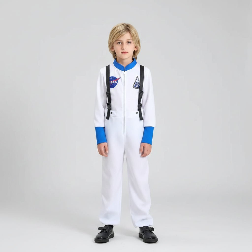 Kids space suit costume jumpsuit in vibrant orange, featuring adjustable sizes for a perfect fit, ideal for Halloween and themed parties. 3