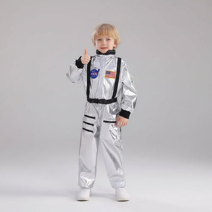 Kids space suit costume jumpsuit in vibrant orange, featuring adjustable sizes for a perfect fit, ideal for Halloween and themed parties. 0