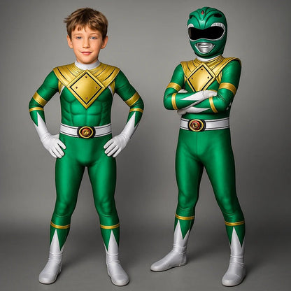 Kids superhero costume set featuring a soft elastic fabric jumpsuit with a detachable hood, perfect for imaginative play and adventures. 1