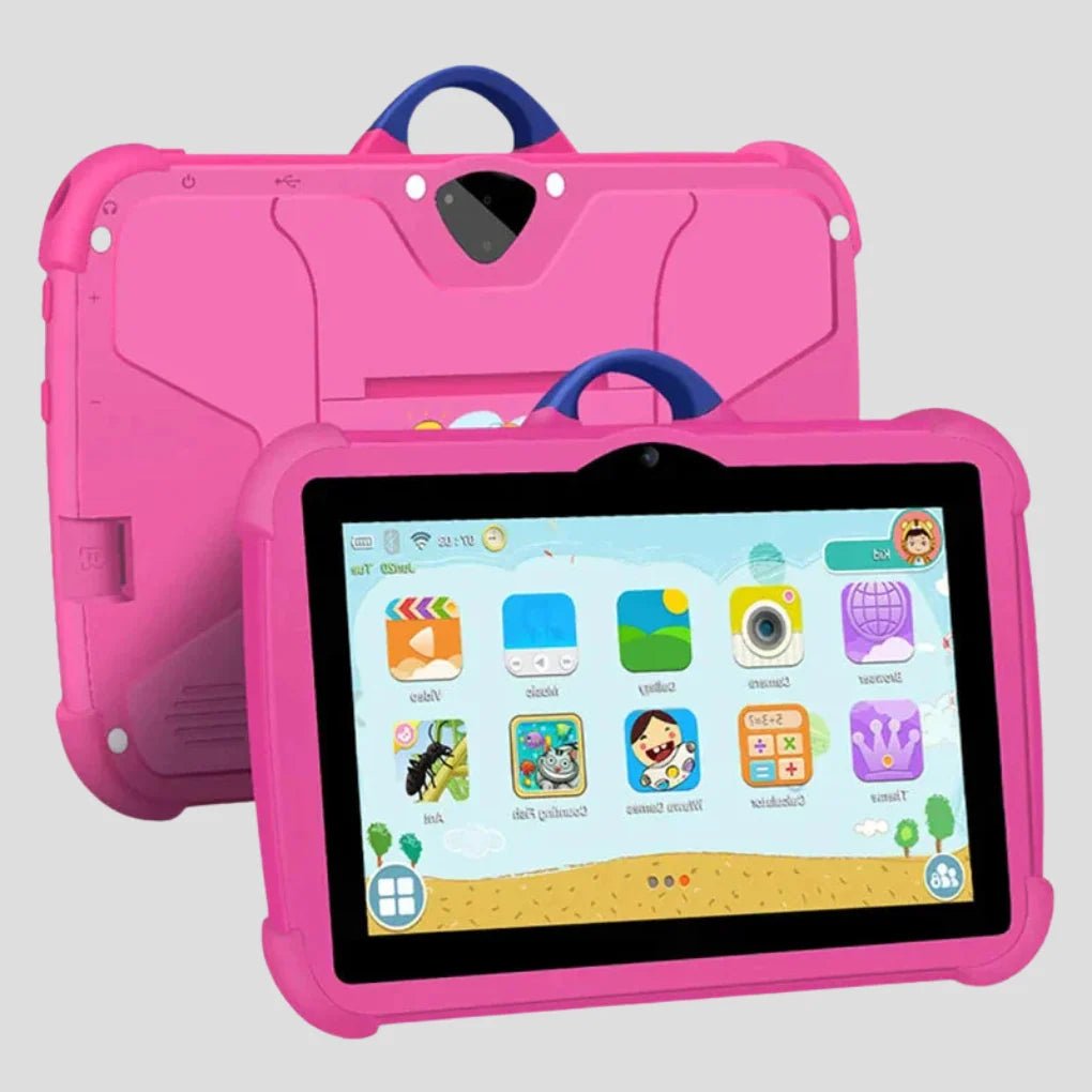 Kids tablet featuring a 7-inch IPS display, designed for safe learning and fun, complete with parental controls and a protective case for durability. 2
