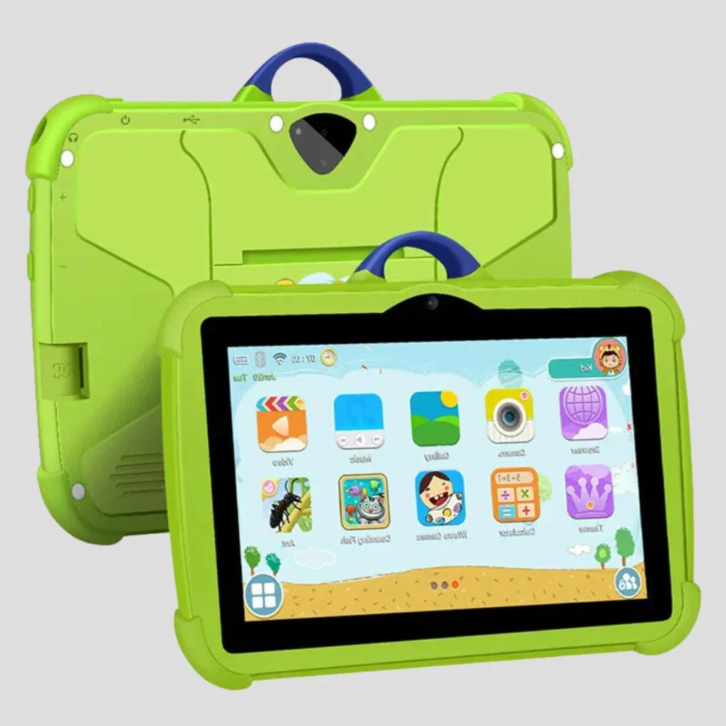 Kids tablet featuring a 7-inch IPS display, designed for safe learning and fun, complete with parental controls and a protective case for durability. 3