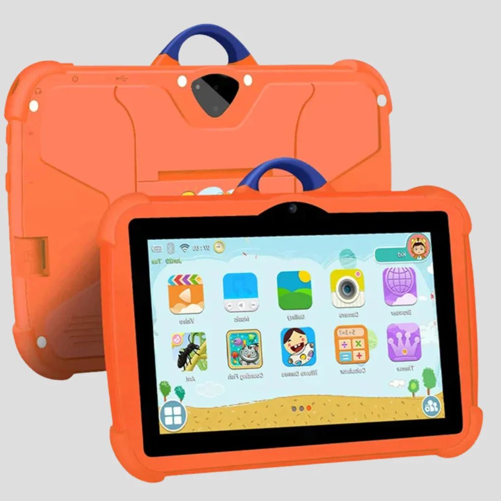 Kids tablet featuring a 7-inch IPS display, designed for safe learning and fun, complete with parental controls and a protective case for durability. 1