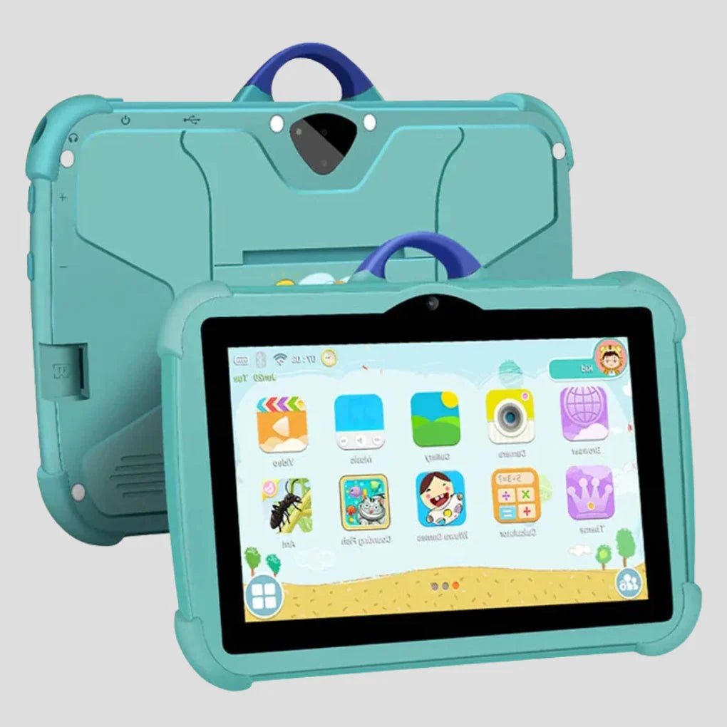 Kids tablet featuring a 7-inch IPS display, designed for safe learning and fun, complete with parental controls and a protective case for durability. 0