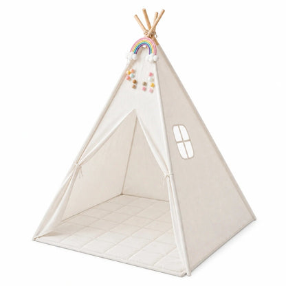 Kids Teepee Play Tent with padded mat, made from soft cotton canvas, designed for indoor imaginative play, featuring a cozy and inviting space for children to 1