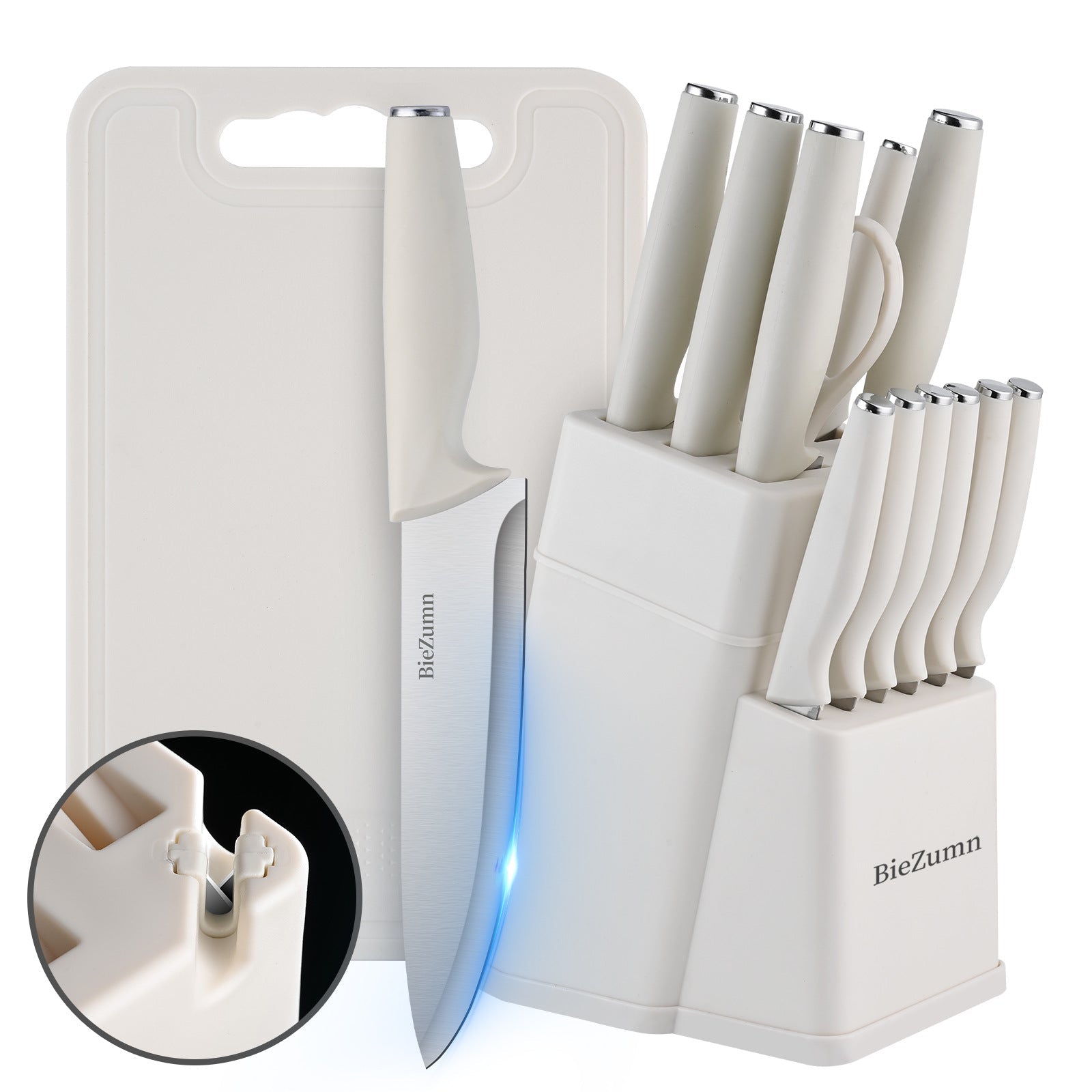 Kitchen knife set featuring ergonomic handles and a stylish wooden block, designed for precision cutting with stainless steel blades, perfect for home chefs. 3