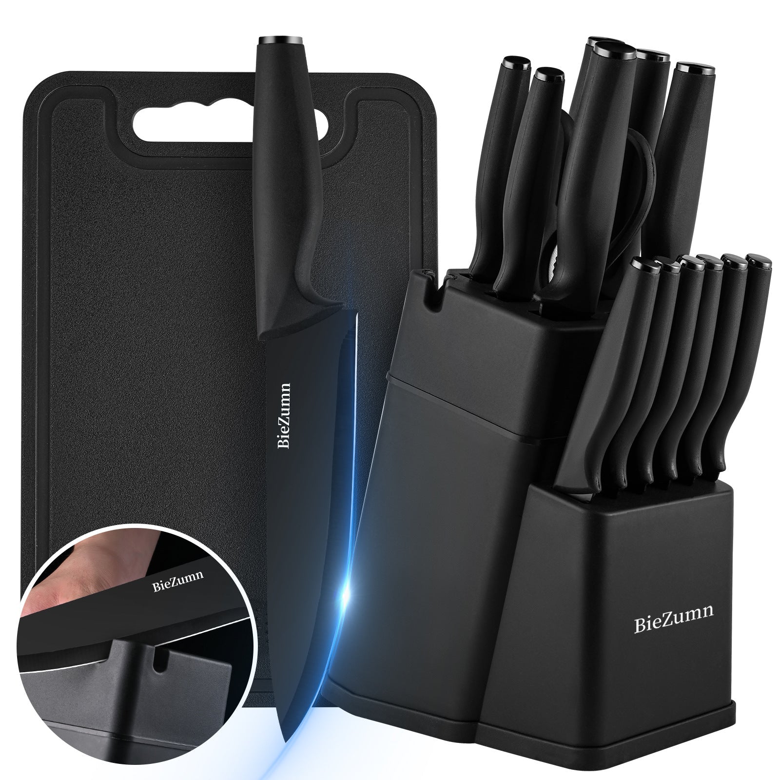 Kitchen knife set featuring ergonomic handles and a stylish wooden block, designed for precision cutting with stainless steel blades, perfect for home chefs. 0