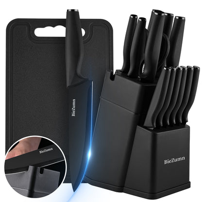 Kitchen knife set featuring ergonomic handles and a stylish wooden block, designed for precision cutting with stainless steel blades, perfect for home chefs. 0