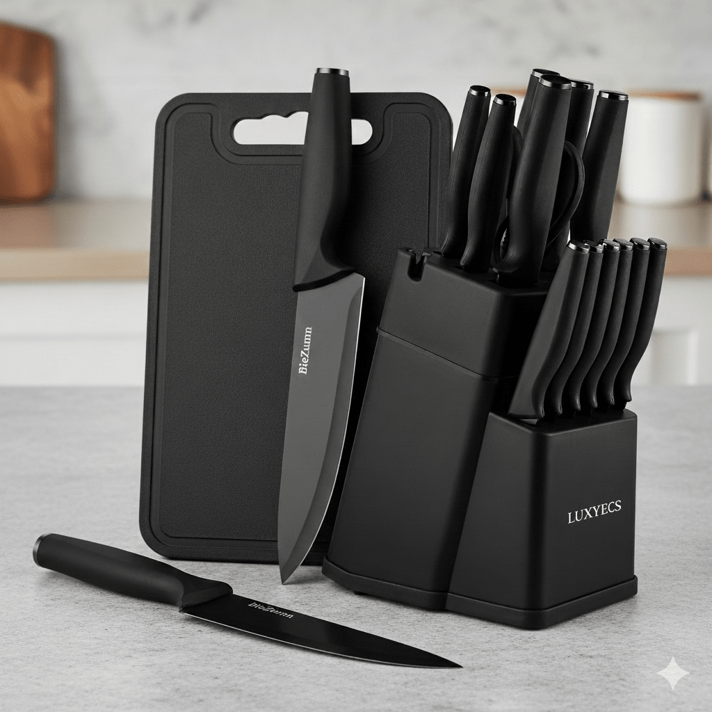 Kitchen knife set featuring ergonomic handles and a stylish wooden block, designed for precision cutting with stainless steel blades, perfect for home chefs. 2