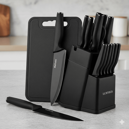 Kitchen knife set featuring ergonomic handles and a stylish wooden block, designed for precision cutting with stainless steel blades, perfect for home chefs. 2