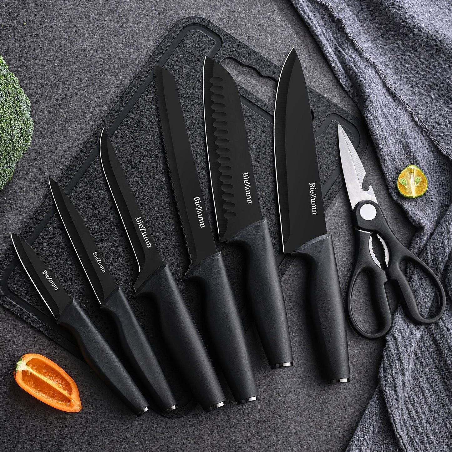 Kitchen knife set featuring ergonomic handles and a stylish wooden block, designed for precision cutting with stainless steel blades, perfect for home chefs. 1