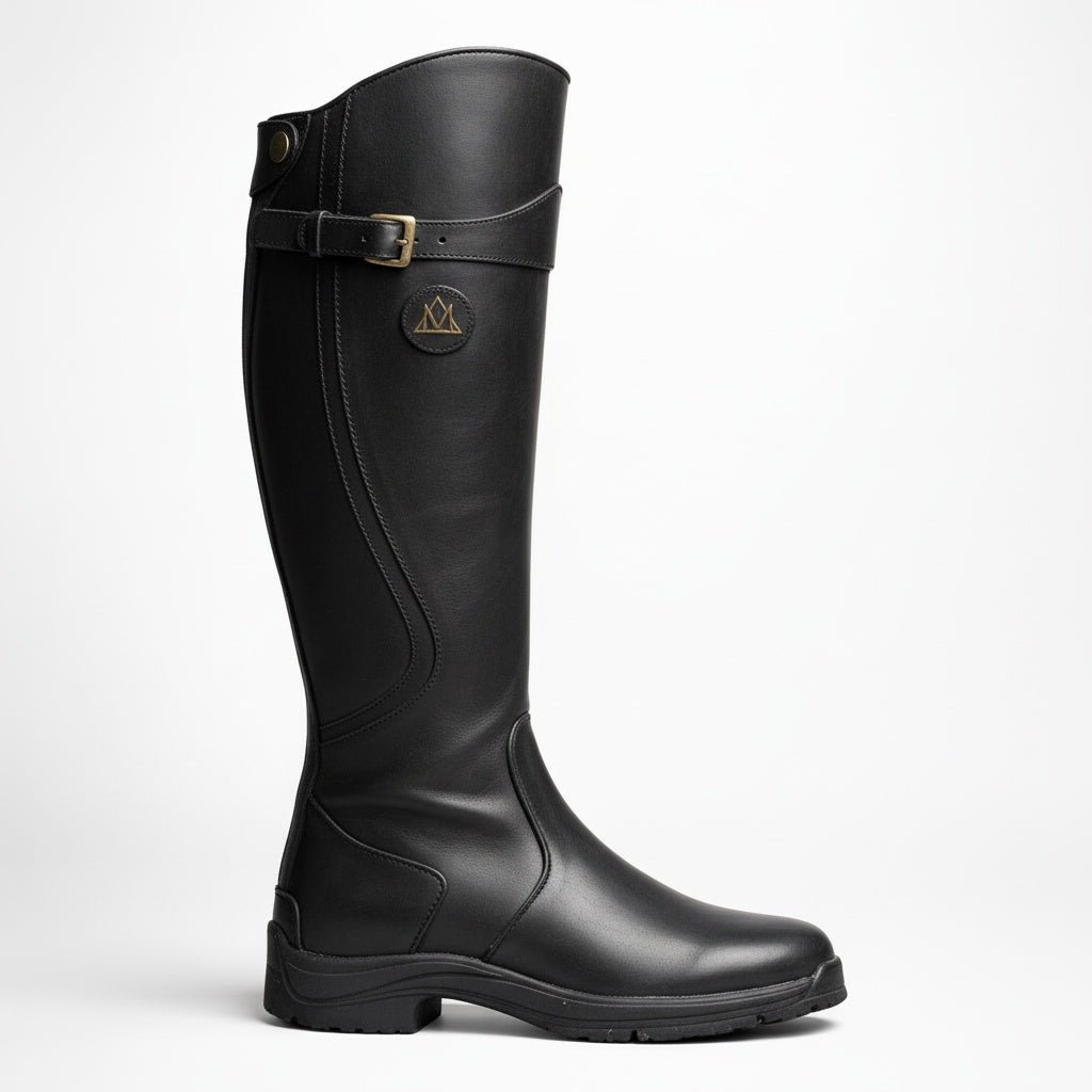 Knee-high leather equestrian riding boots for women featuring arch support and an adjustable fit, perfect for comfort and style in horseback riding. 4