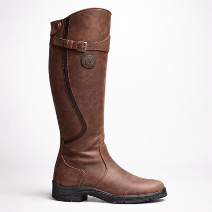 Knee-high leather equestrian riding boots for women featuring arch support and an adjustable fit, perfect for comfort and style in horseback riding. 2