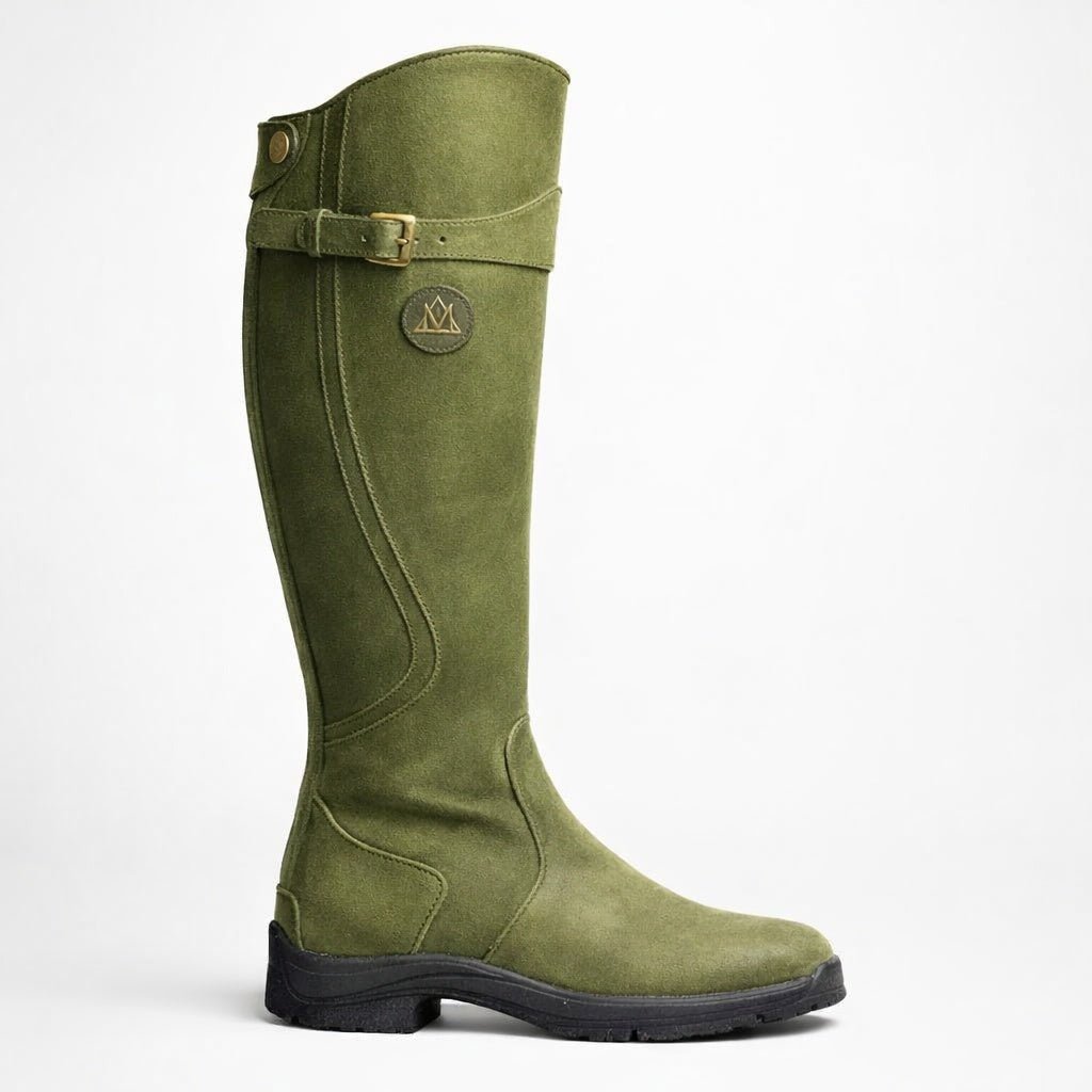 Knee-high leather equestrian riding boots for women featuring arch support and an adjustable fit, perfect for comfort and style in horseback riding. 6