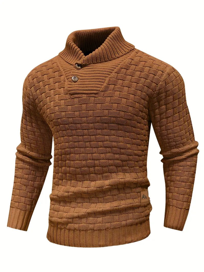 Knitted sweater featuring a high collar and unique woven pattern, showcasing modern soft knit fashion for stylish winter wear. 4