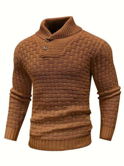 Knitted sweater featuring a high collar and unique woven pattern, showcasing modern soft knit fashion for stylish winter wear. 4