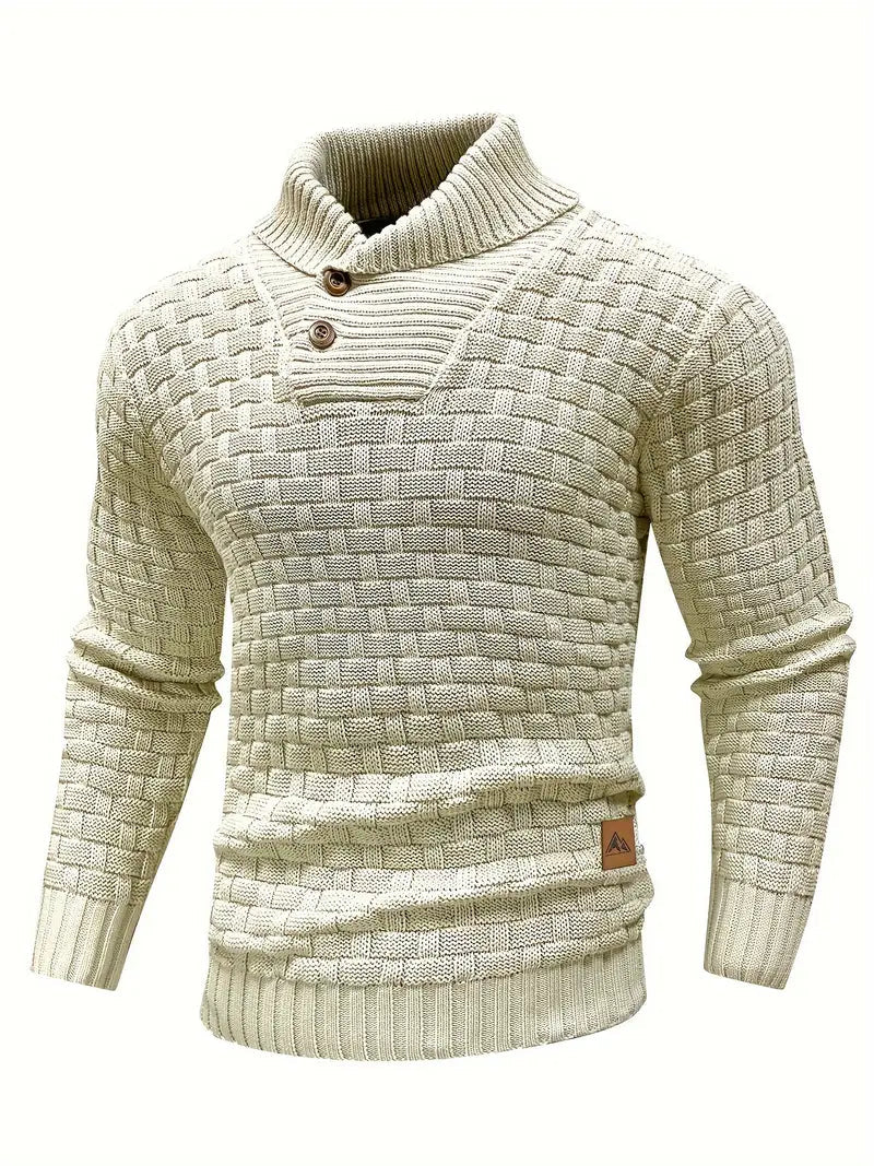 Knitted sweater featuring a high collar and unique woven pattern, showcasing modern soft knit fashion for stylish winter wear. 3