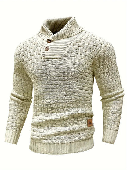 Knitted sweater featuring a high collar and unique woven pattern, showcasing modern soft knit fashion for stylish winter wear. 3