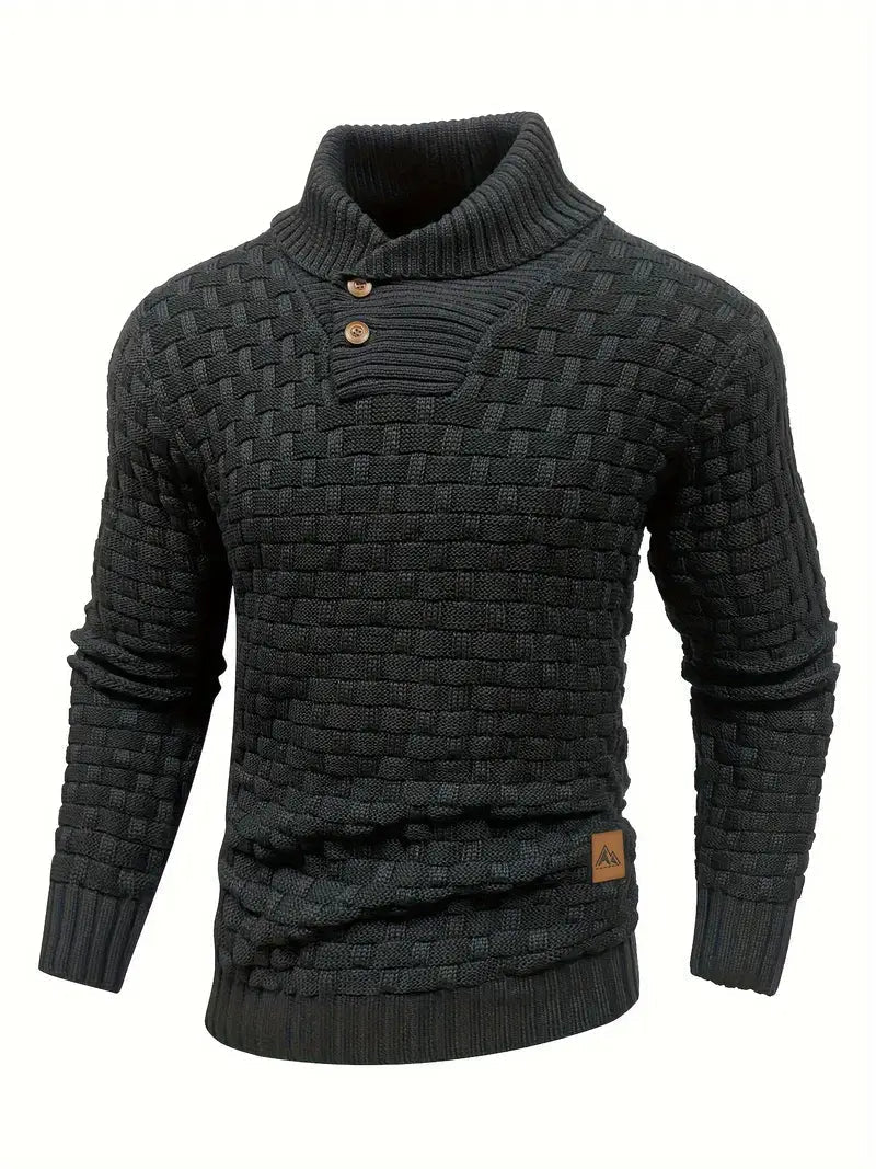 Knitted sweater featuring a high collar and unique woven pattern, showcasing modern soft knit fashion for stylish winter wear. 0