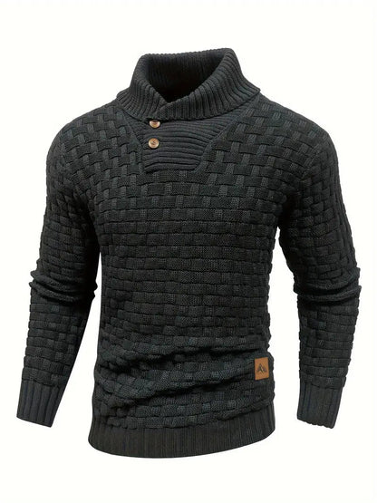 Knitted sweater featuring a high collar and unique woven pattern, showcasing modern soft knit fashion for stylish winter wear. 0