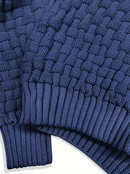 Knitted sweater featuring a high collar and unique woven pattern, showcasing modern soft knit fashion for stylish winter wear. 7