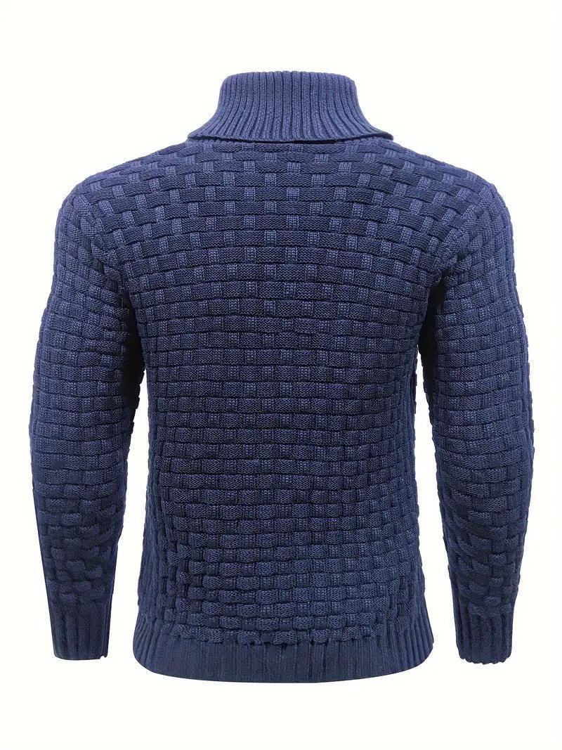 Knitted sweater featuring a high collar and unique woven pattern, showcasing modern soft knit fashion for stylish winter wear. 6