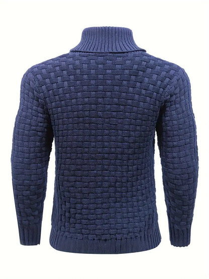 Knitted sweater featuring a high collar and unique woven pattern, showcasing modern soft knit fashion for stylish winter wear. 6