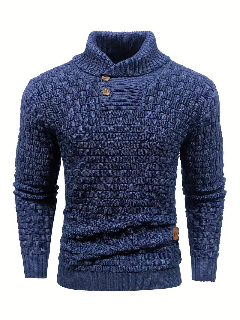 Knitted sweater featuring a high collar and unique woven pattern, showcasing modern soft knit fashion for stylish winter wear. 5