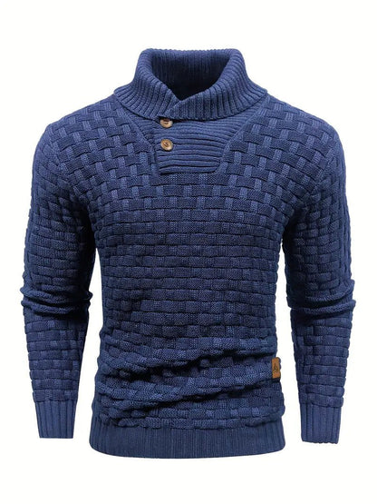 Knitted sweater featuring a high collar and unique woven pattern, showcasing modern soft knit fashion for stylish winter wear. 5