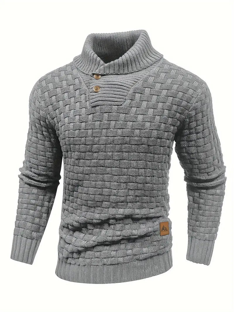 Knitted sweater featuring a high collar and unique woven pattern, showcasing modern soft knit fashion for stylish winter wear. 2
