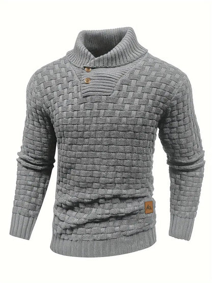 Knitted sweater featuring a high collar and unique woven pattern, showcasing modern soft knit fashion for stylish winter wear. 2