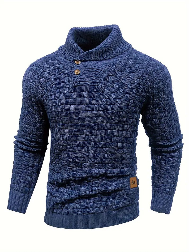 Knitted sweater featuring a high collar and unique woven pattern, showcasing modern soft knit fashion for stylish winter wear. 1