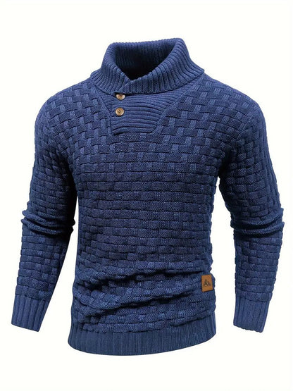 Knitted sweater featuring a high collar and unique woven pattern, showcasing modern soft knit fashion for stylish winter wear. 1