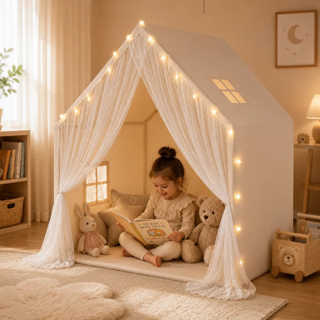 Lace kids play tent with LED lights in beige cotton fabric, designed as a cozy indoor hideaway for imaginative play. 0
