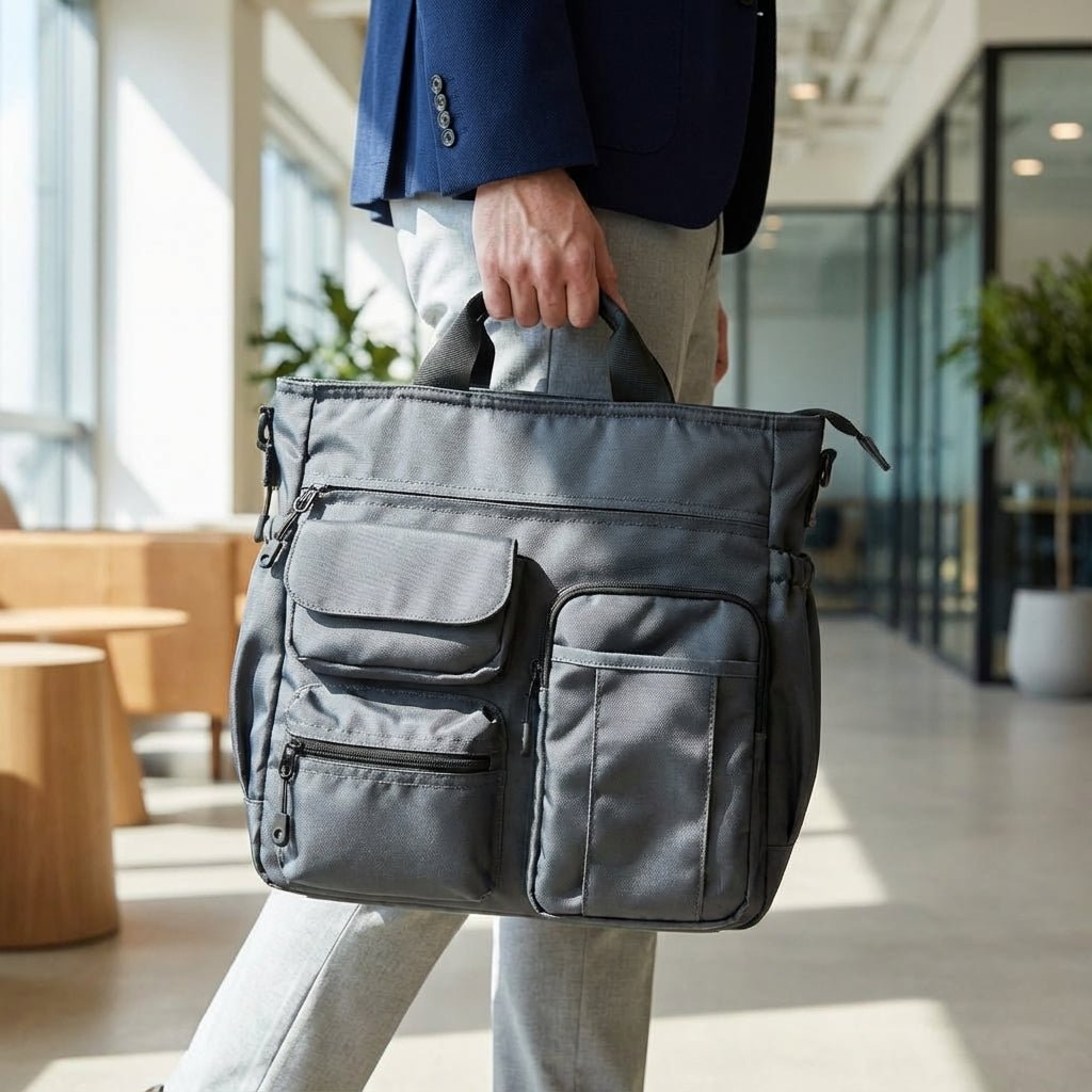 Stylish laptop work bag made of durable Oxford textile, featuring multiple compartments and a padded shoulder strap for comfortable carrying, ideal for business professionals. 1