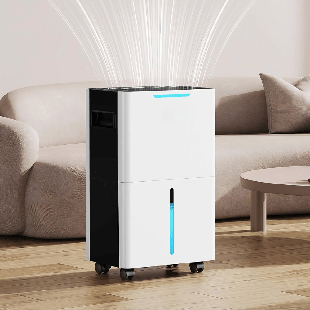 Large capacity dehumidifier with smart control features, portable design, and flexible drainage options, ideal for maintaining a comfortable bedroom and home environment. 0