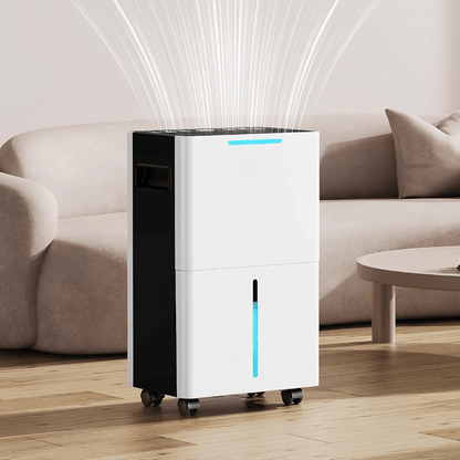 Large capacity dehumidifier with smart control features, portable design, and flexible drainage options, ideal for maintaining a comfortable bedroom and home environment. 0
