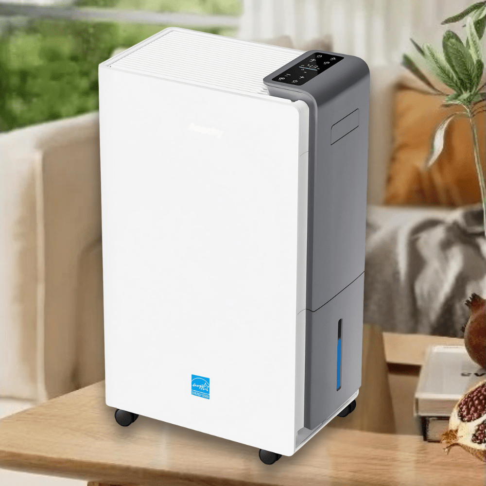 Large capacity dehumidifier featuring smart humidity control, designed for quiet operation and energy efficiency, ideal for home and basement use. 0