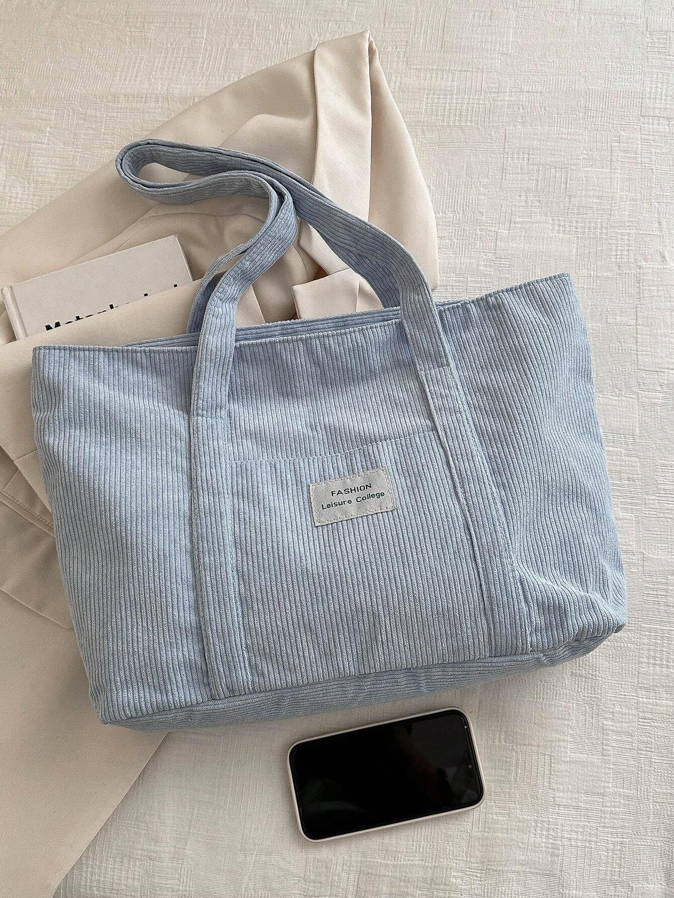 Large corduroy tote bag featuring a retro design, perfect for school and work, offering spacious storage and comfortable everyday use. 5